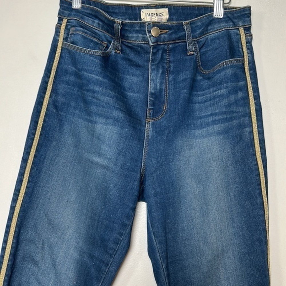 L'AGENCE Medium Wash Margot Gold Stripe SKinny Jeans/Denim- Size 30 - Picture 2 of 12